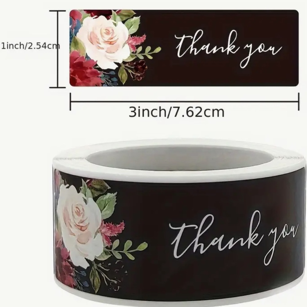120 Black Floral Thank You Stickers Roll